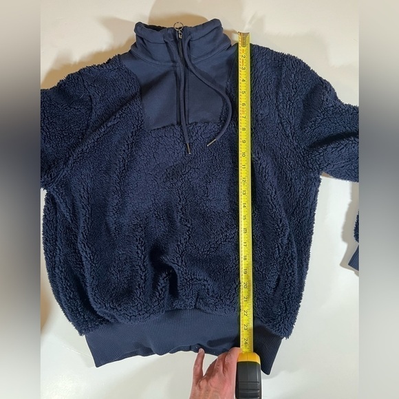 Sweaty Betty navy blue 1/4 zip fleece sherpa pullover drawstring sz 10 cozy yoga - Picture 8 of 9